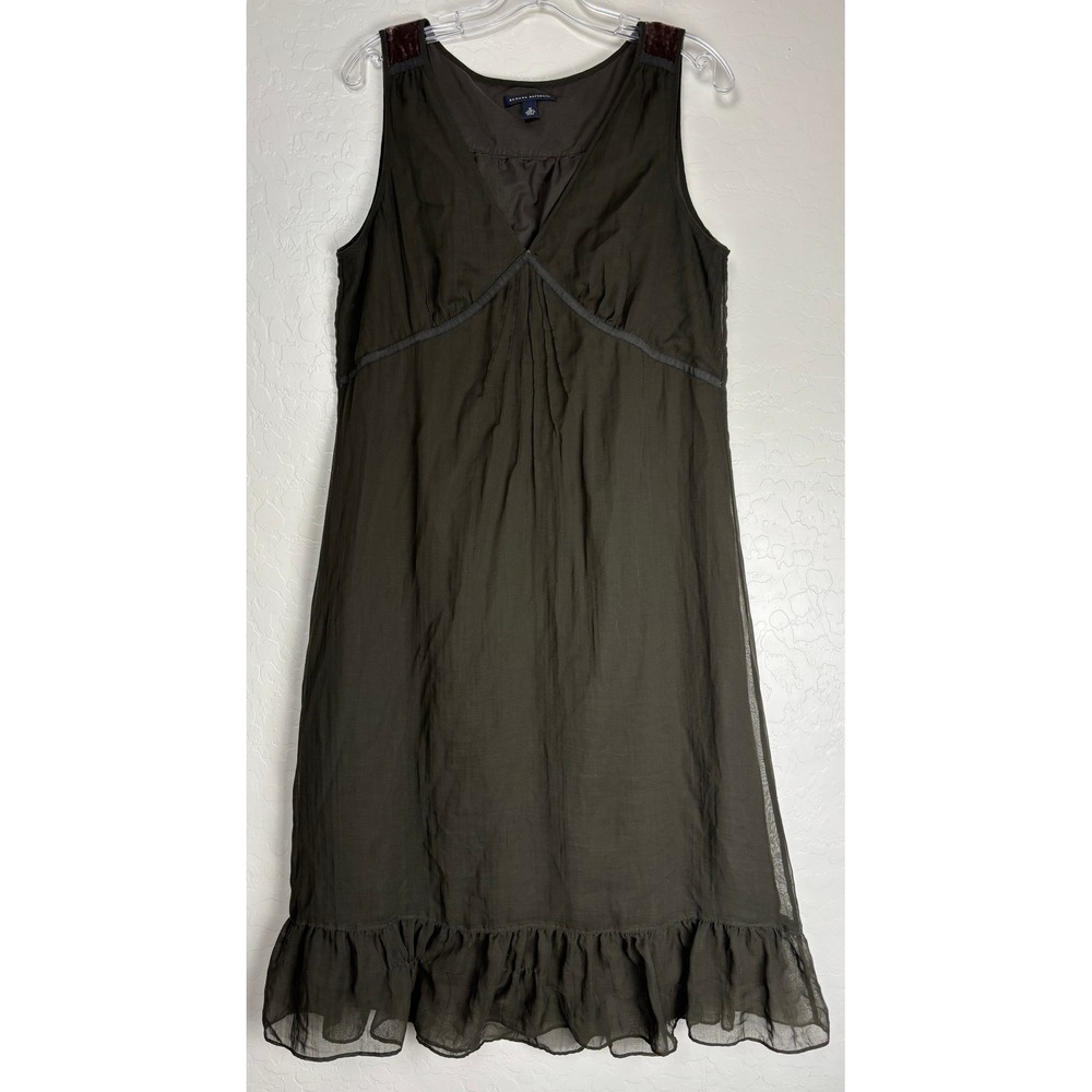 Banana Republic Olive Green‎ V-Neck Ruffle Hem Midi Dress Velvet Trim 12 2403